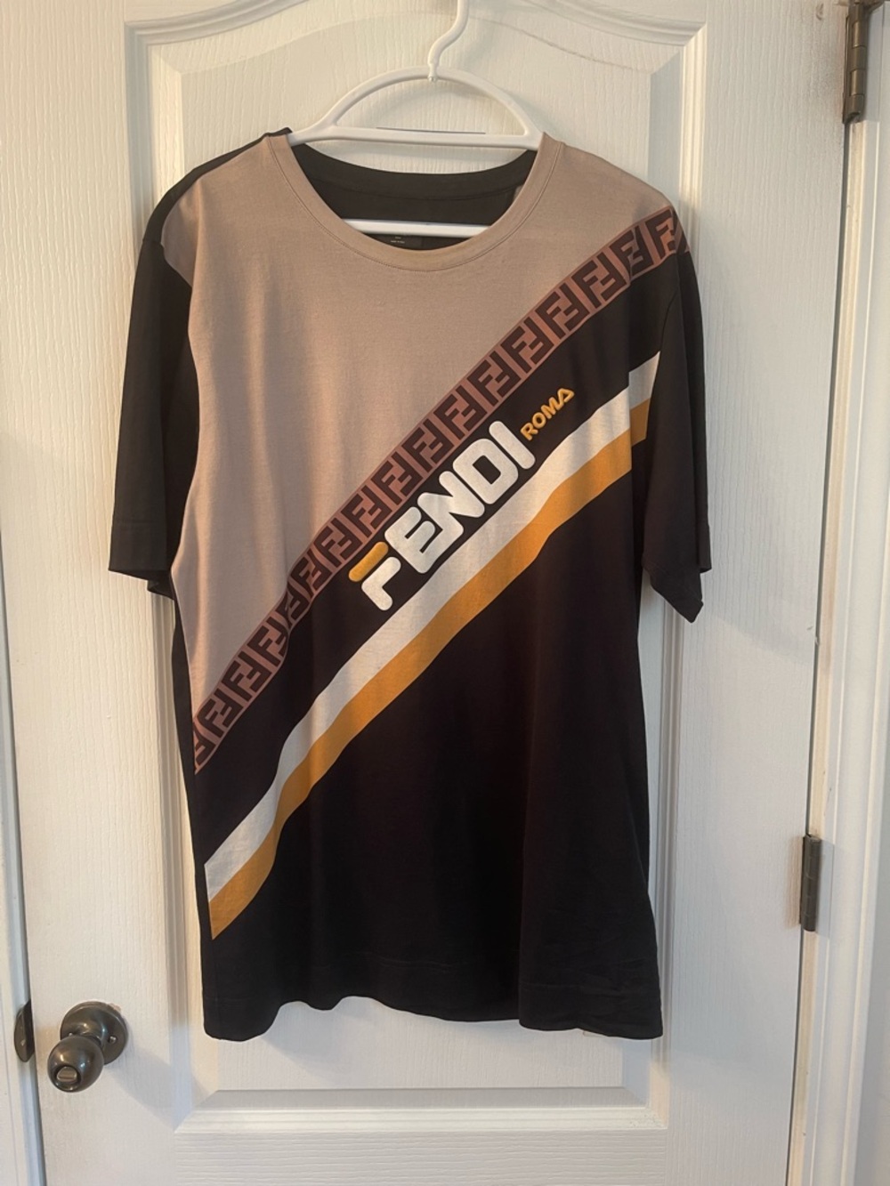 Fendi Black Beige and Gold Logo Diagonal Stripe Tee